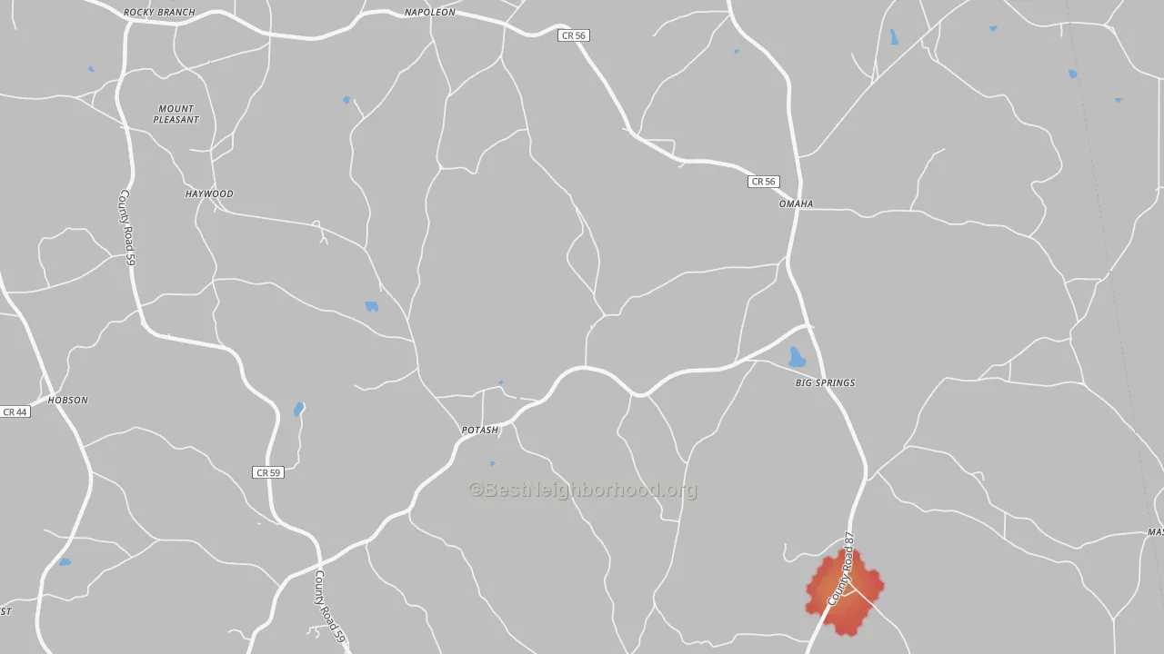 Walk Grade map of Potash, AL, walkable areas in green and car-dependent areas in red