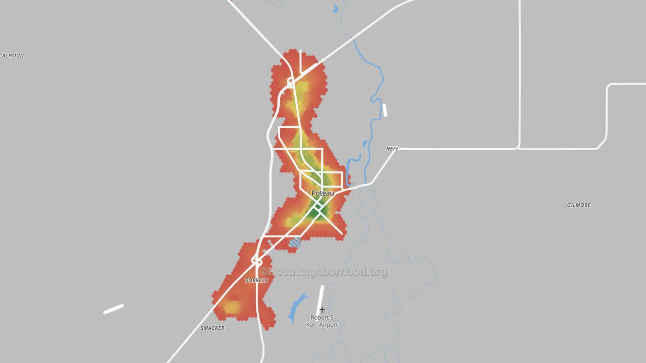 Walk Grade map of Poteau, OK, walkable areas in green and car-dependent areas in red