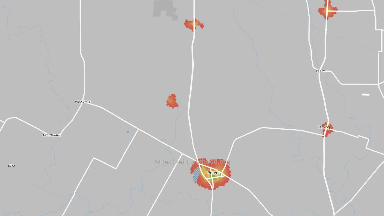 Walk Grade map of Poteet, TX, walkable areas in green and car-dependent areas in red