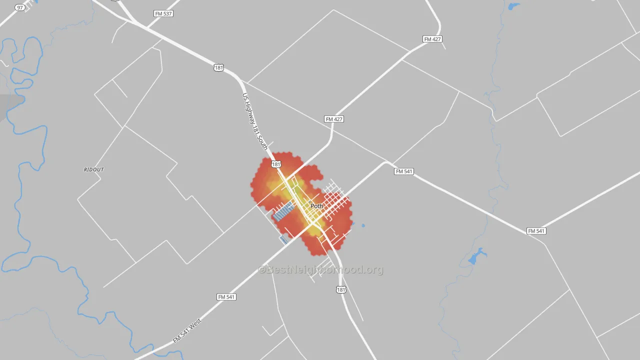 Walk Grade map of Poth, TX, walkable areas in green and car-dependent areas in red