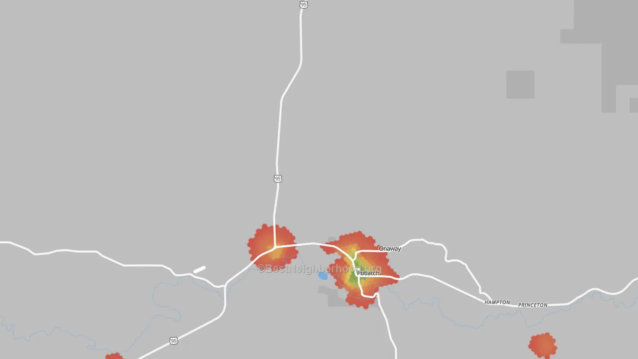 Walk Grade map of Potlatch, ID, walkable areas in green and car-dependent areas in red