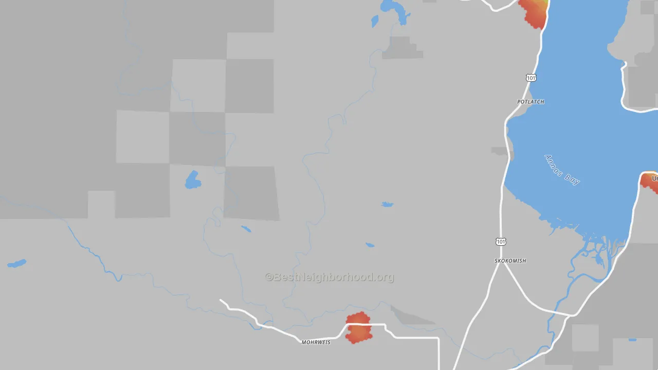 Walk Grade map of Potlatch, WA, walkable areas in green and car-dependent areas in red