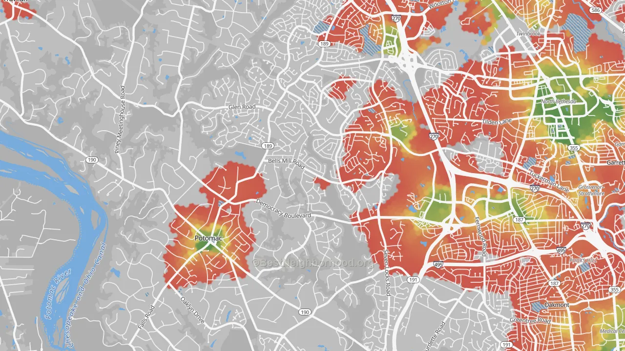 Walk Grade map of Potomac, MD, walkable areas in green and car-dependent areas in red