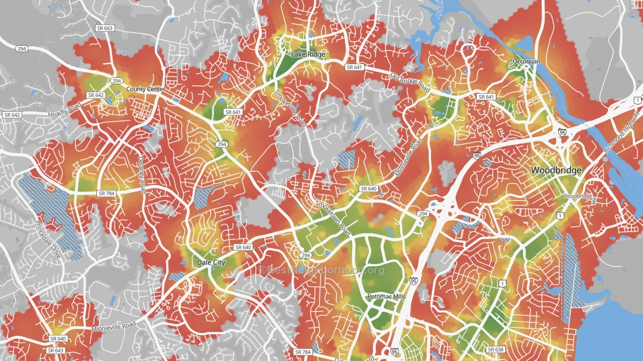 Walk Grade map of Potomac Mills, VA, walkable areas in green and car-dependent areas in red