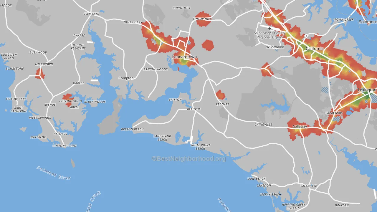 Walk Grade map of Potomac Shores, MD, walkable areas in green and car-dependent areas in red