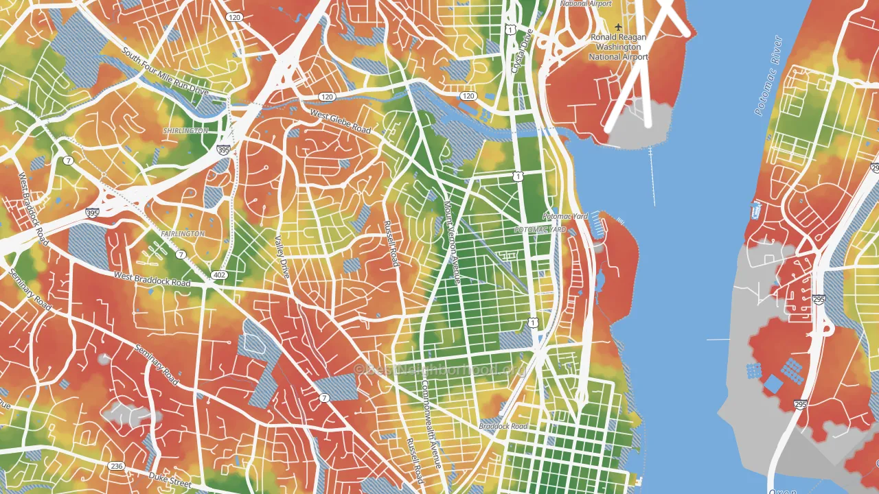 Walk Grade map of Potomac West, Alexandria, VA, walkable areas in green and car-dependent areas in red