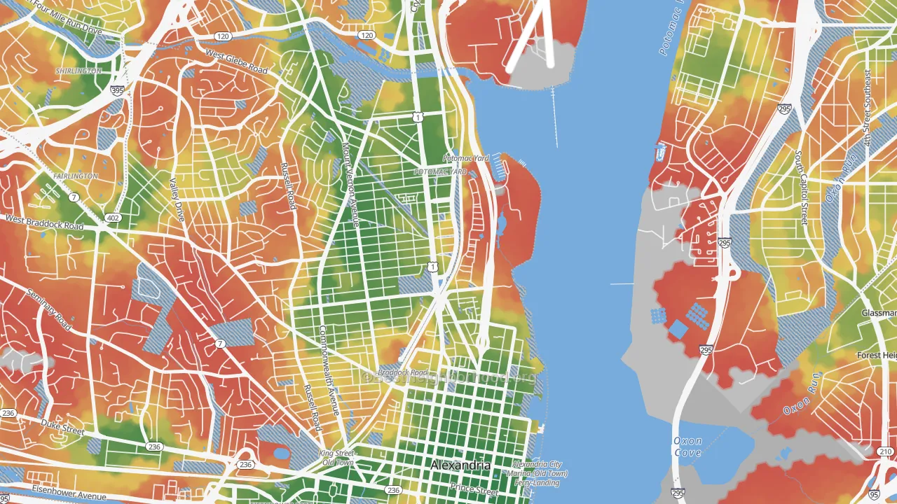 Walk Grade map of Potomac Yard-Potomac Greens, Alexandria, VA, walkable areas in green and car-dependent areas in red