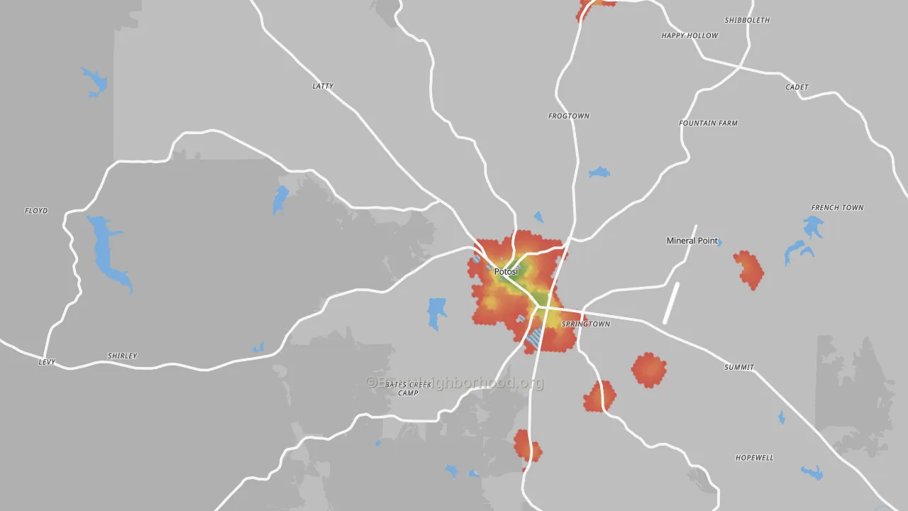 Walk Grade map of Potosi, MO, walkable areas in green and car-dependent areas in red