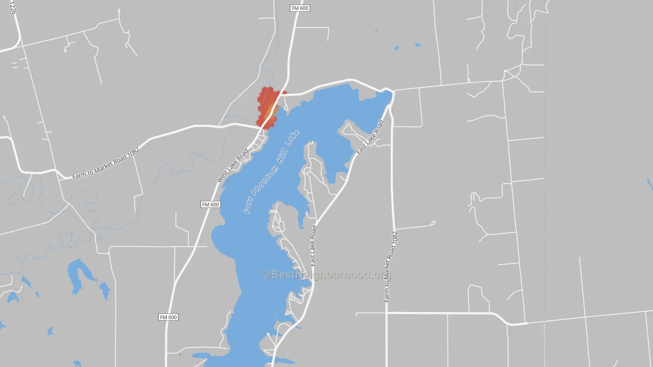 Walk Grade map of Potosi, TX, walkable areas in green and car-dependent areas in red