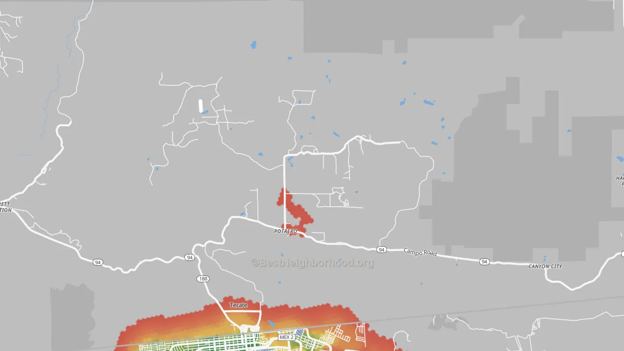 Walk Grade map of Potrero, CA, walkable areas in green and car-dependent areas in red