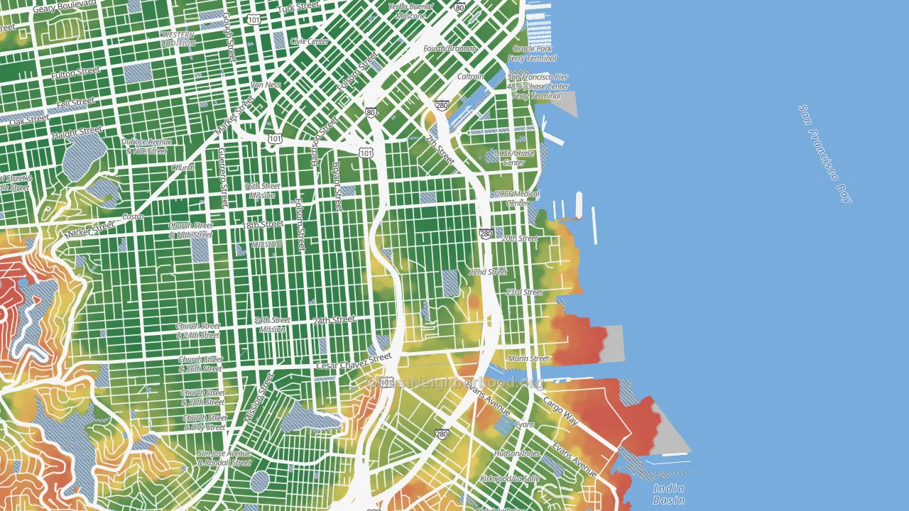 Walk Grade map of Potrero, San Francisco, CA, walkable areas in green and car-dependent areas in red
