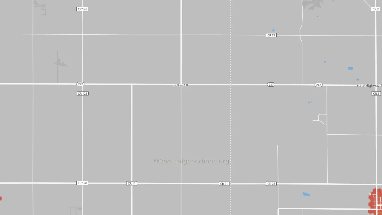 Walk Grade map of Potsdam, MN, walkable areas in green and car-dependent areas in red