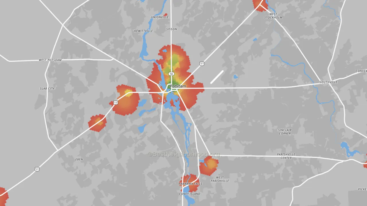Walk Grade map of Potsdam, NY, walkable areas in green and car-dependent areas in red