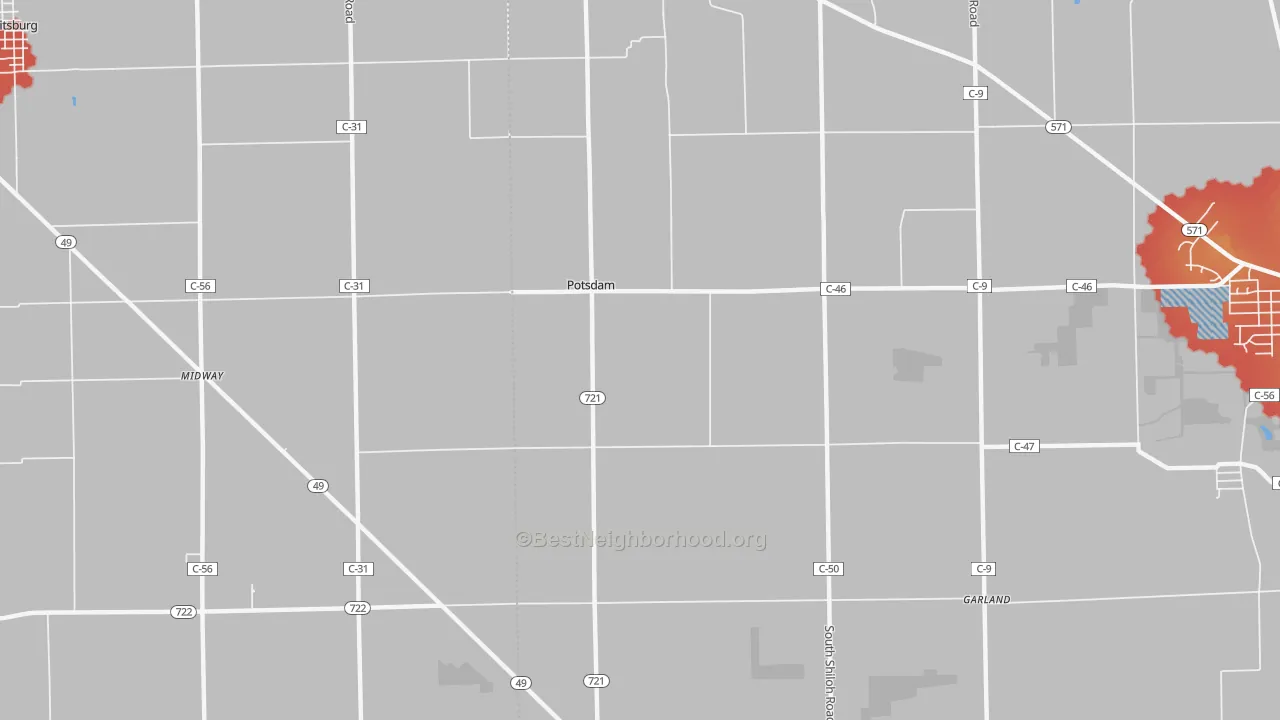 Walk Grade map of Potsdam, OH, walkable areas in green and car-dependent areas in red