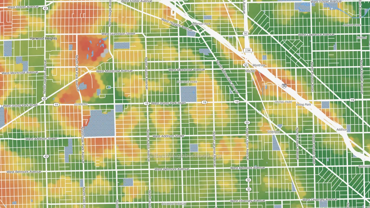 Walk Grade map of Pottage Park, Chicago, IL, walkable areas in green and car-dependent areas in red