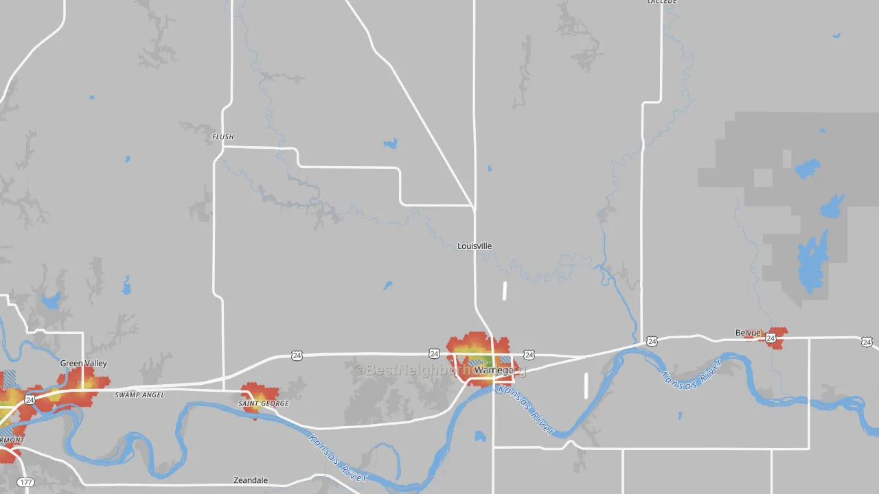 Walk Grade map of Pottawatomie County, KS, walkable areas in green and car-dependent areas in red