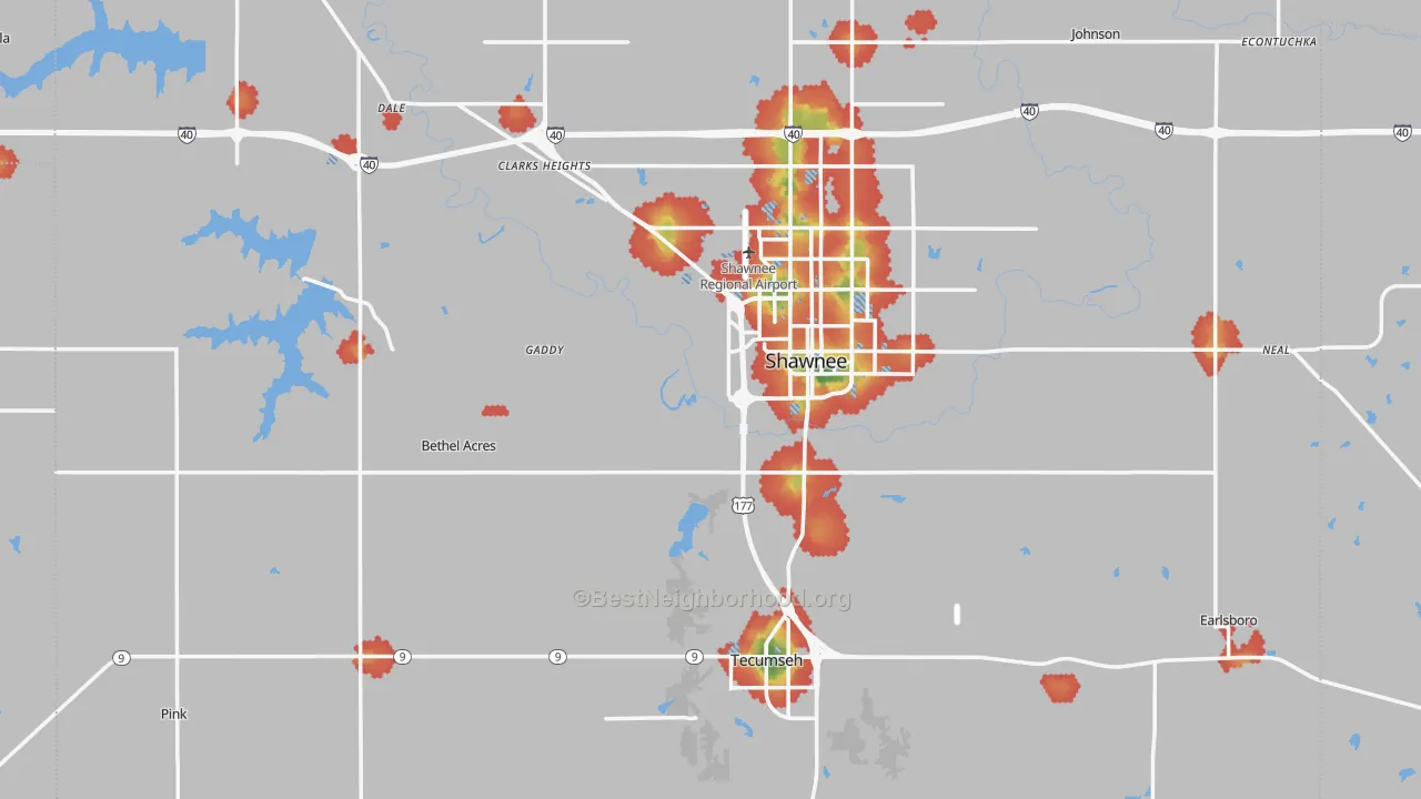 Walk Grade map of Pottawatomie County, OK, walkable areas in green and car-dependent areas in red