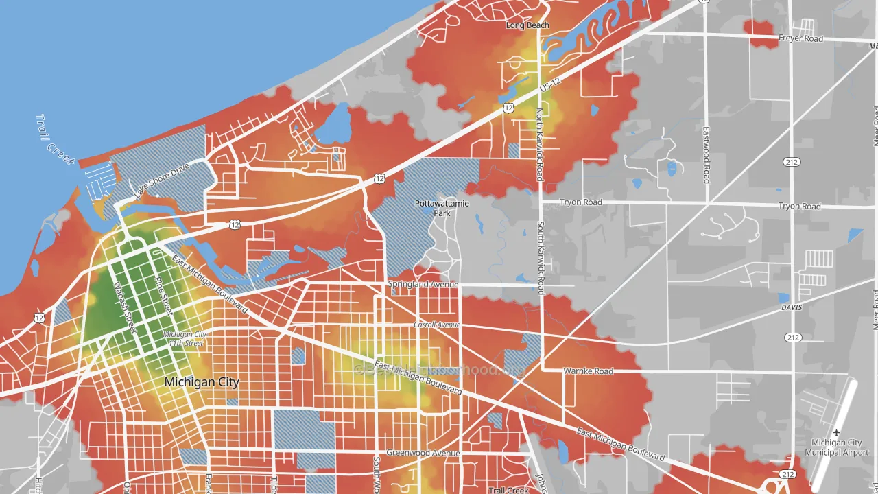 Walk Grade map of Pottawattamie Park, IN, walkable areas in green and car-dependent areas in red