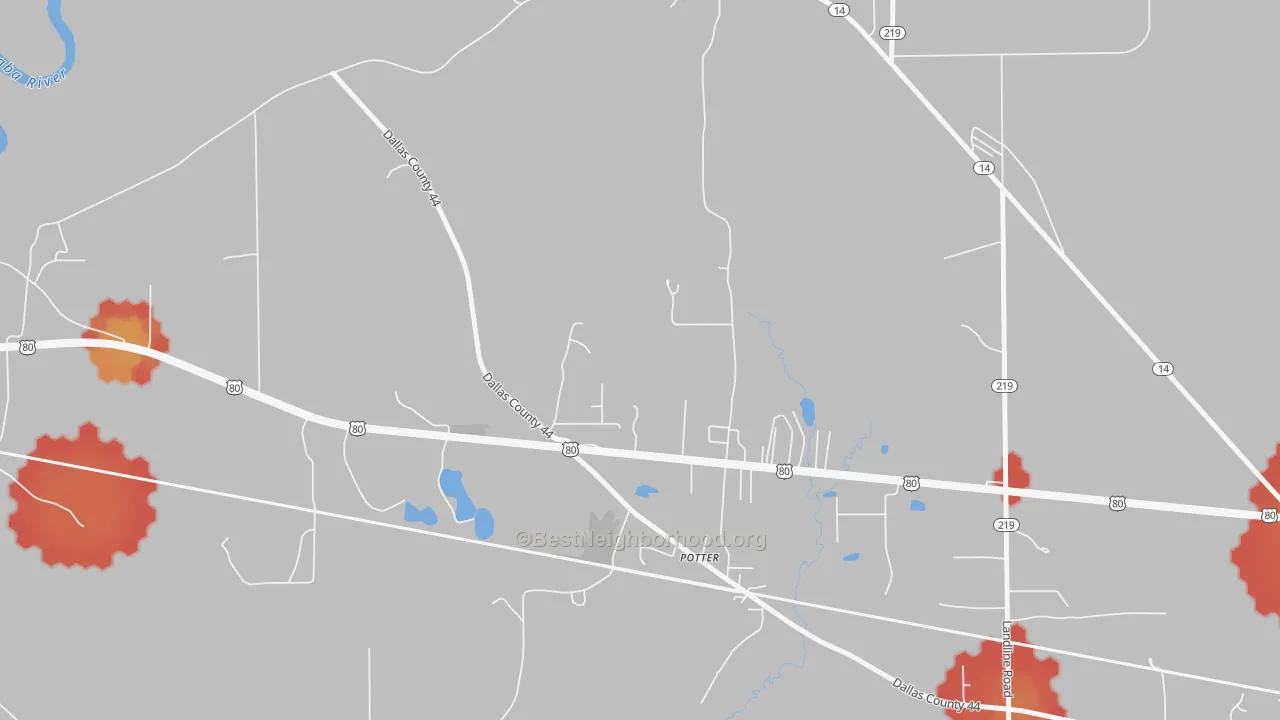 Walk Grade map of Potter, AL, walkable areas in green and car-dependent areas in red