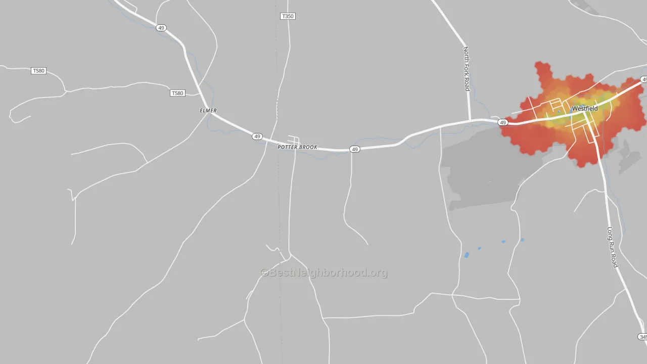 Walk Grade map of Potter Brook, PA, walkable areas in green and car-dependent areas in red