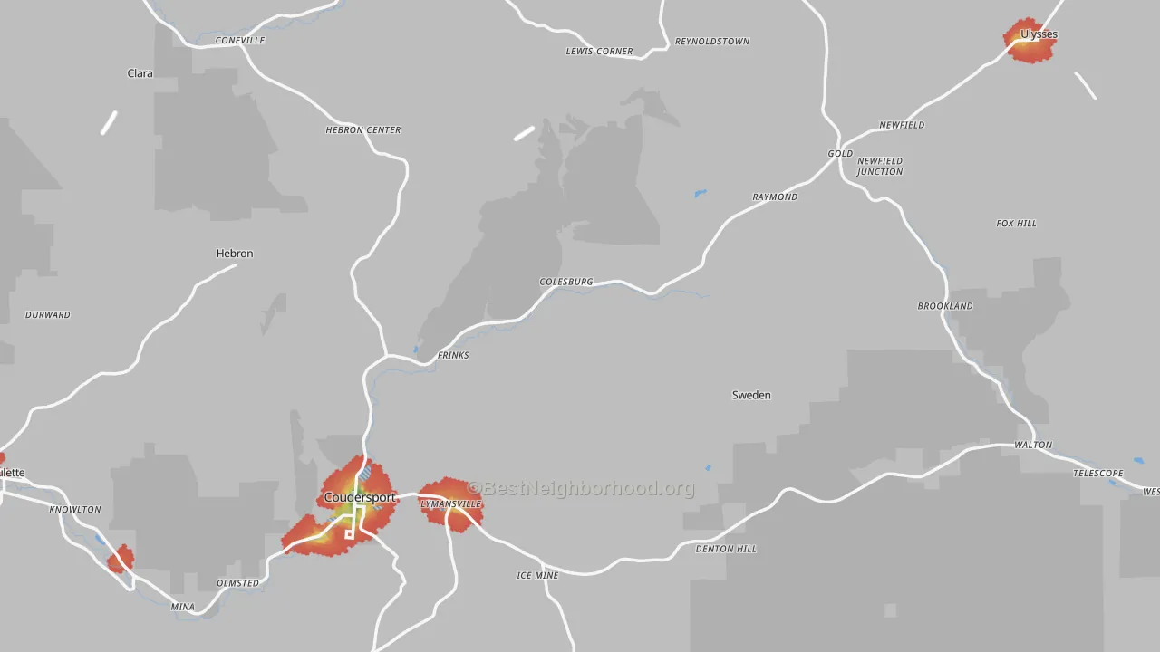 Walk Grade map of Potter County, PA, walkable areas in green and car-dependent areas in red