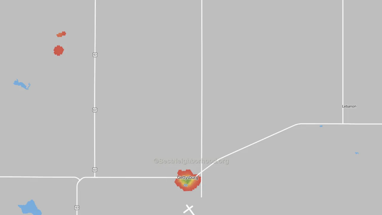 Walk Grade map of Potter County, SD, walkable areas in green and car-dependent areas in red