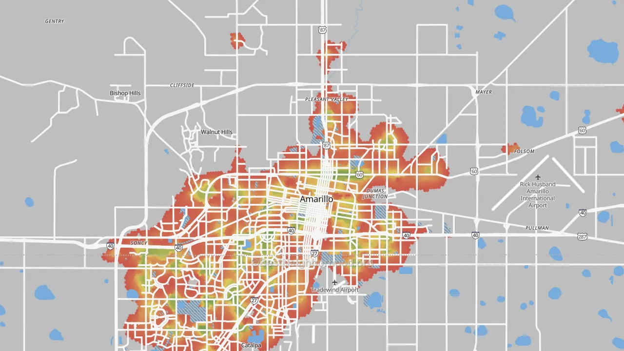 Walk Grade map of Potter County, TX, walkable areas in green and car-dependent areas in red