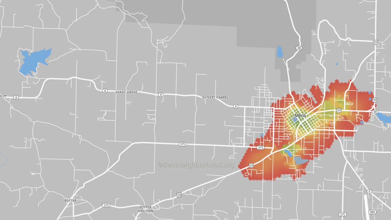 Walk Grade map of Potter Junction, AR, walkable areas in green and car-dependent areas in red