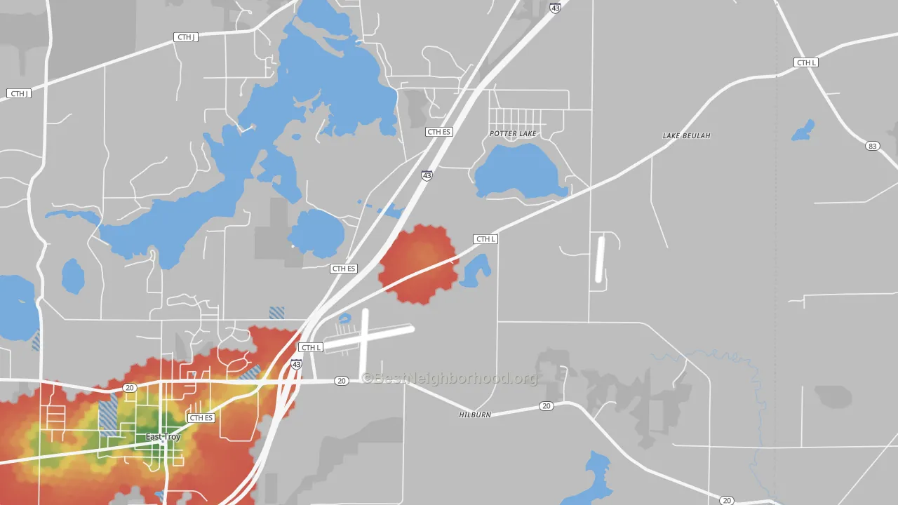 Walk Grade map of Potter Lake, WI, walkable areas in green and car-dependent areas in red