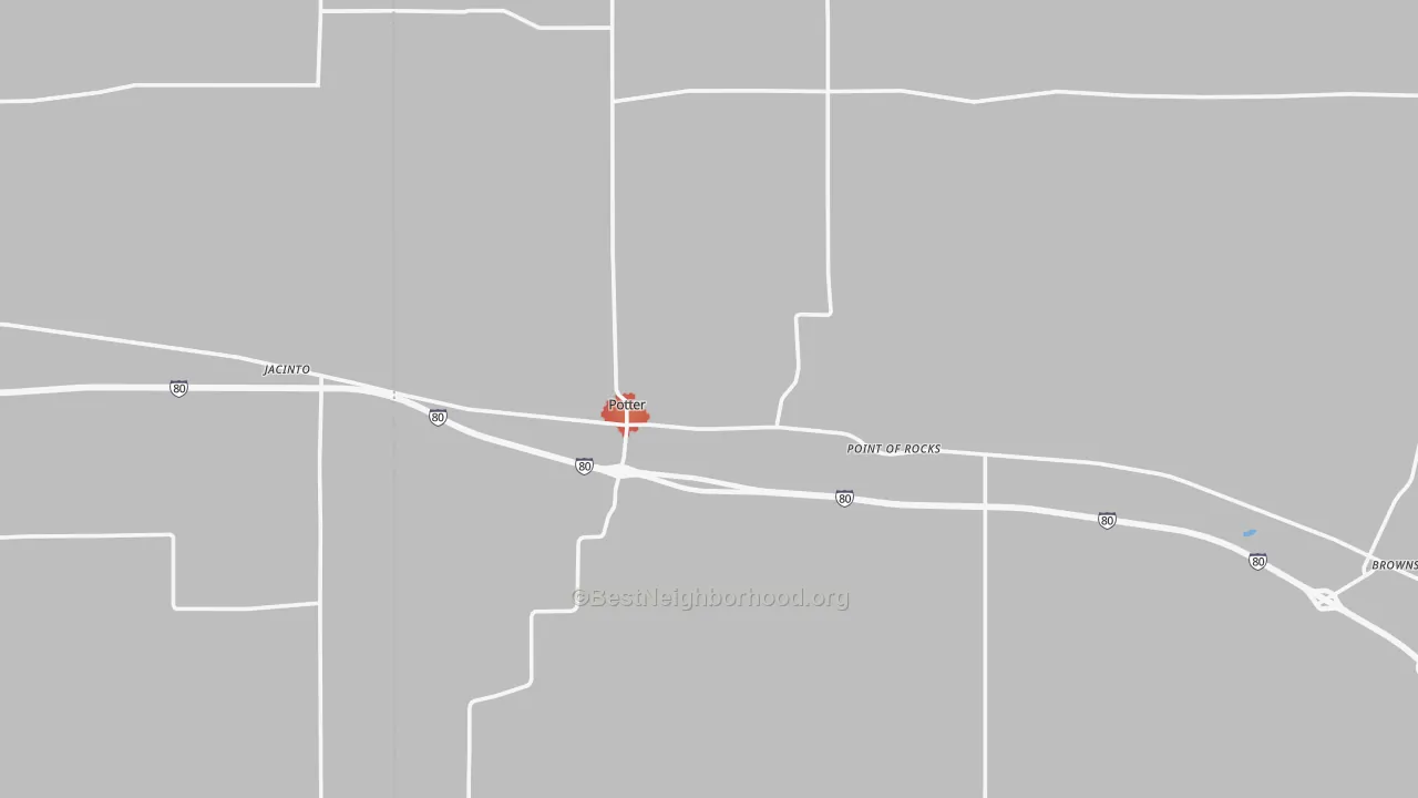 Walk Grade map of Potter, NE, walkable areas in green and car-dependent areas in red