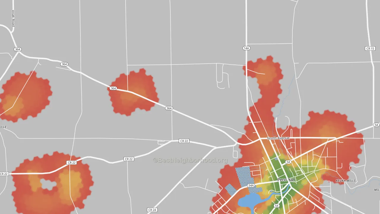 Walk Grade map of Potter, NY, walkable areas in green and car-dependent areas in red