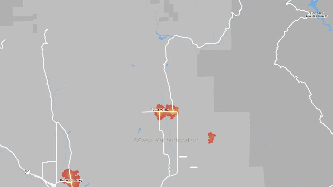 Walk Grade map of Potter Valley, CA, walkable areas in green and car-dependent areas in red