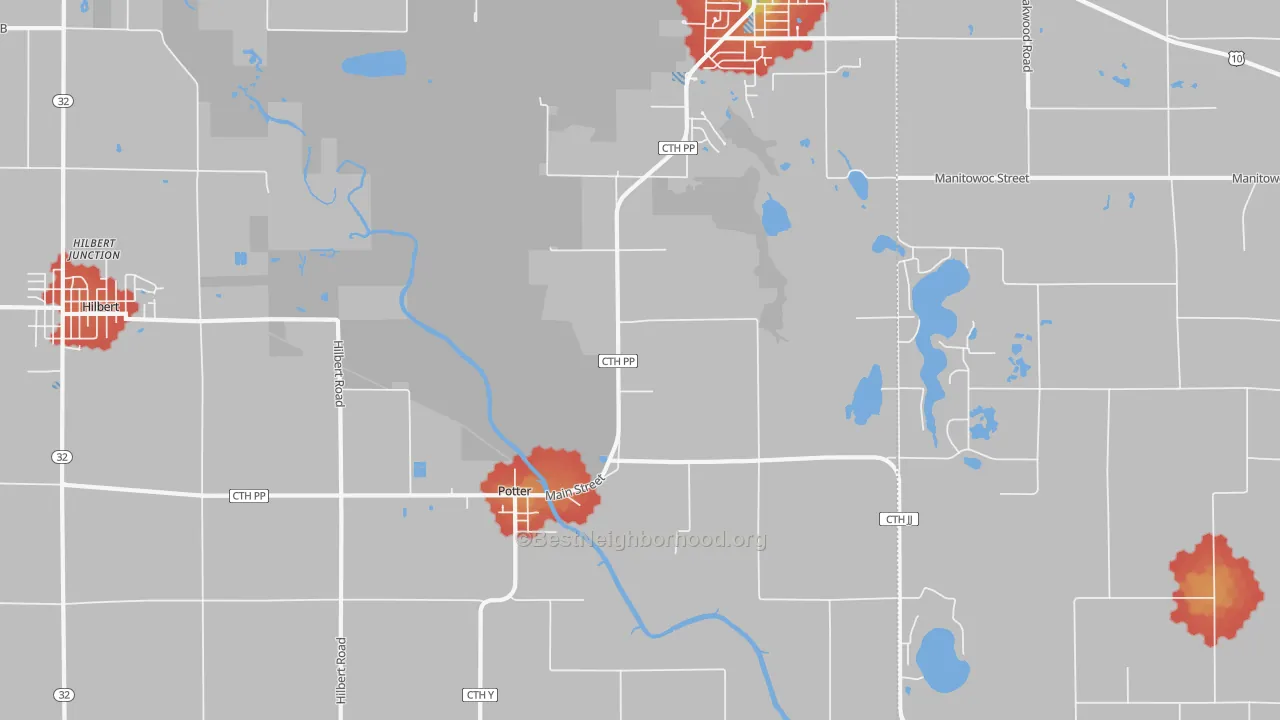 Walk Grade map of Potter, WI, walkable areas in green and car-dependent areas in red