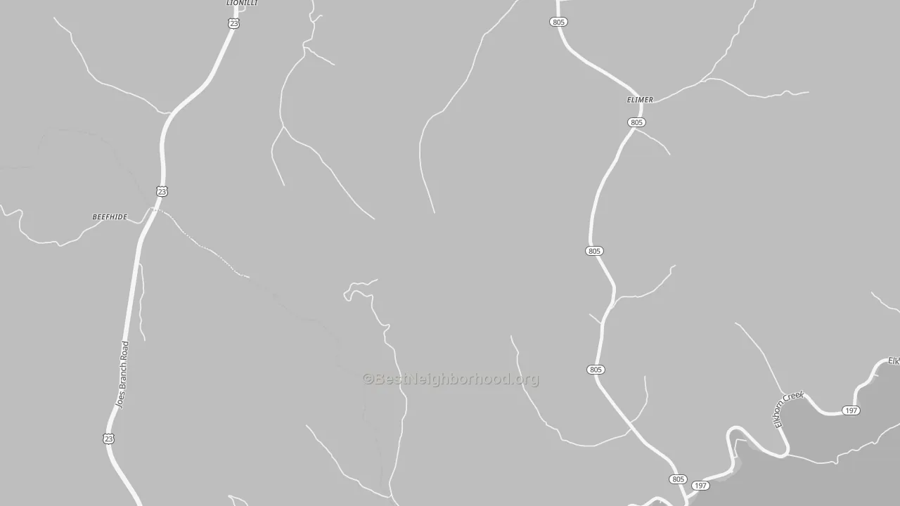 Walk Grade map of Potters Fork, KY, walkable areas in green and car-dependent areas in red