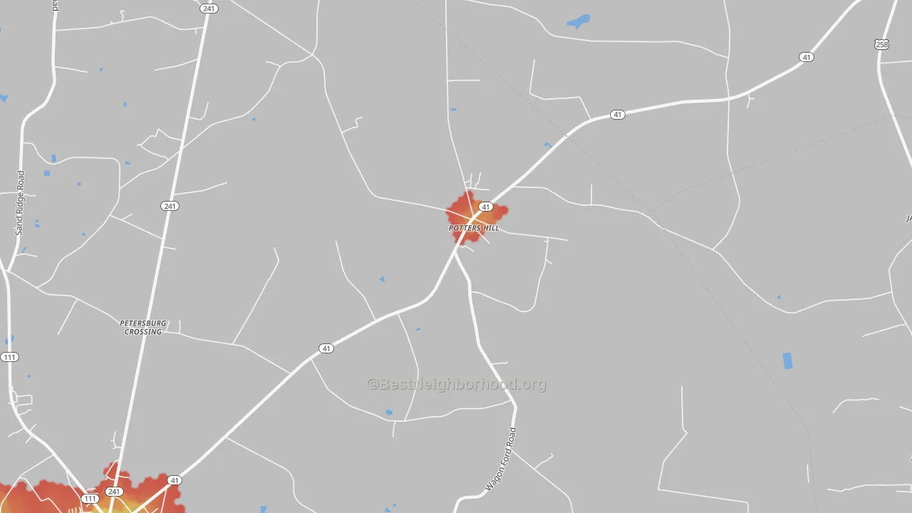 Walk Grade map of Potters Hill, NC, walkable areas in green and car-dependent areas in red