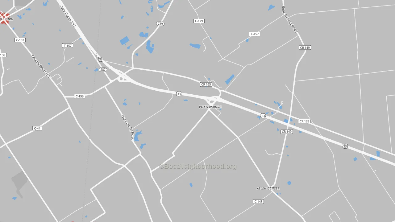 Walk Grade map of Pottersburg, OH, walkable areas in green and car-dependent areas in red
