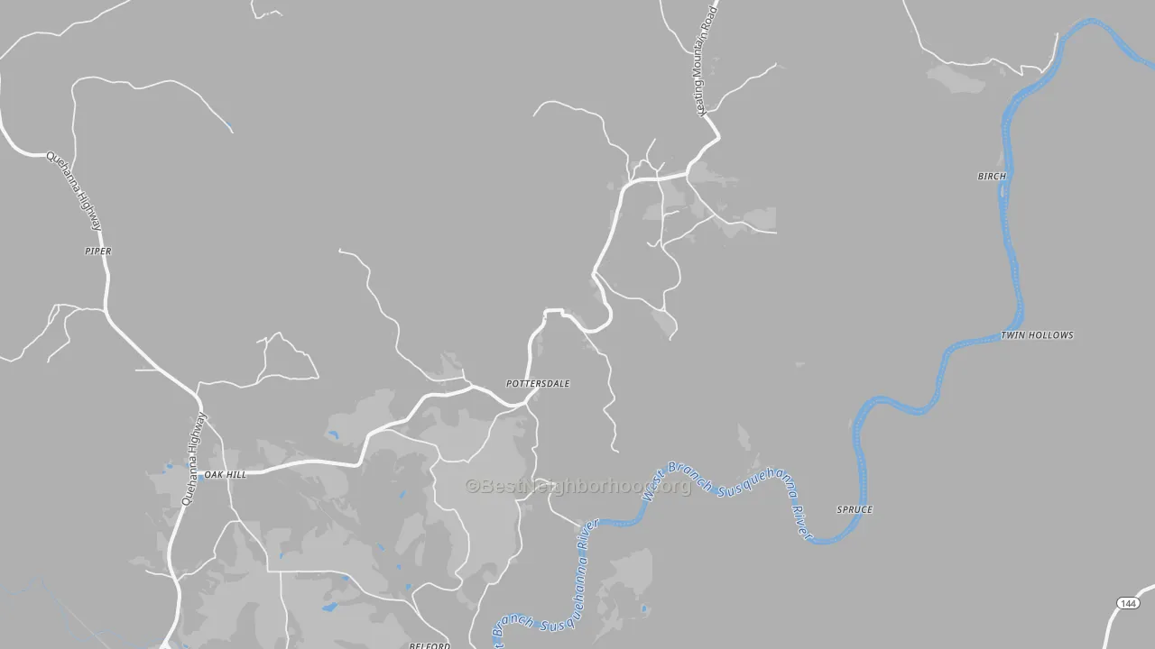 Walk Grade map of Pottersdale, PA, walkable areas in green and car-dependent areas in red