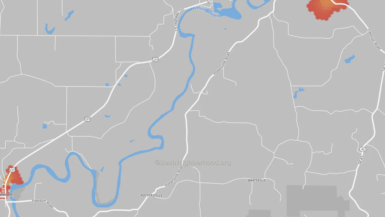 Walk Grade map of Pottersville, IN, walkable areas in green and car-dependent areas in red