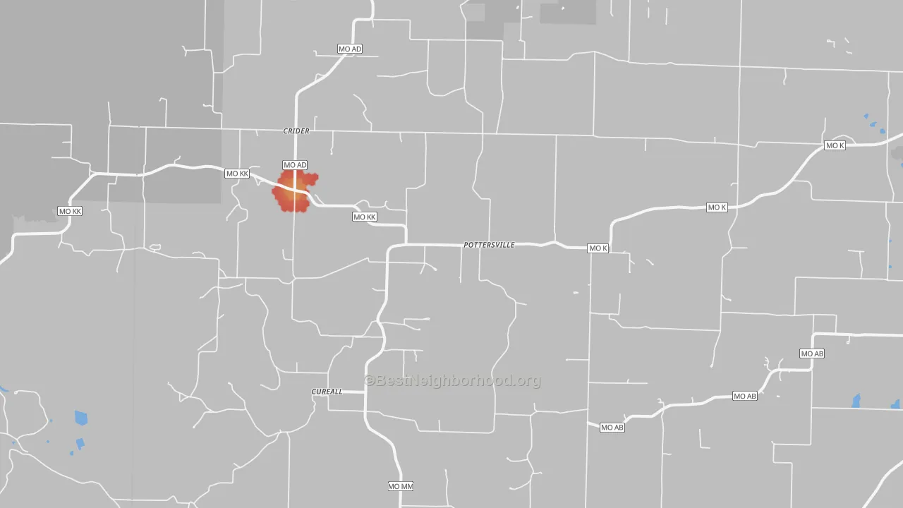 Walk Grade map of Pottersville, MO, walkable areas in green and car-dependent areas in red