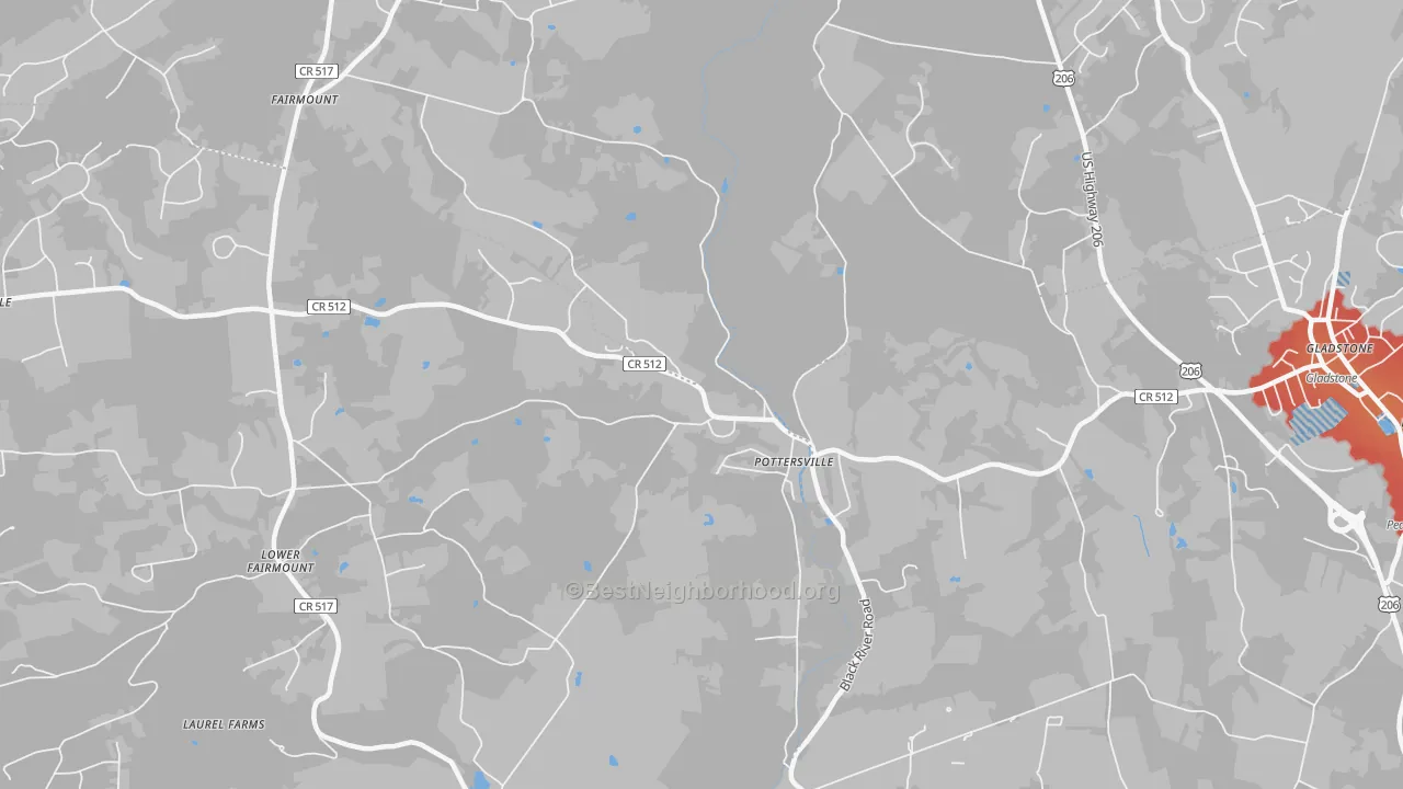 Walk Grade map of Pottersville, NJ, walkable areas in green and car-dependent areas in red