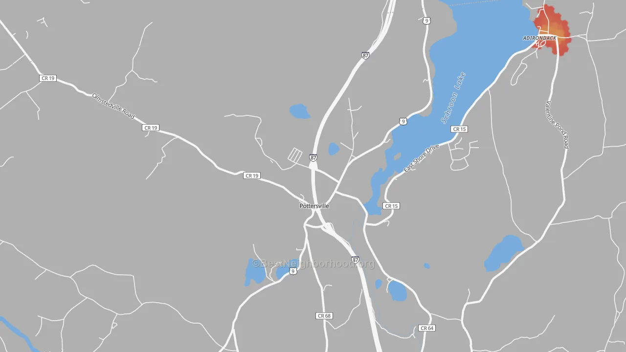 Walk Grade map of Pottersville, NY, walkable areas in green and car-dependent areas in red