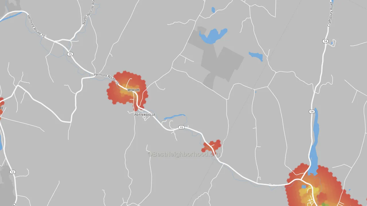 Walk Grade map of Pottersville, VT, walkable areas in green and car-dependent areas in red