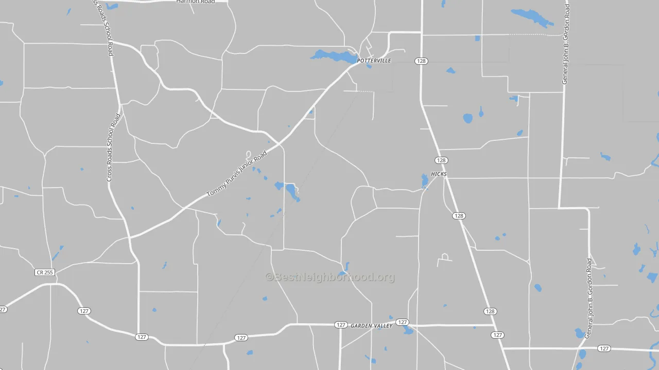 Walk Grade map of Potterville, GA, walkable areas in green and car-dependent areas in red