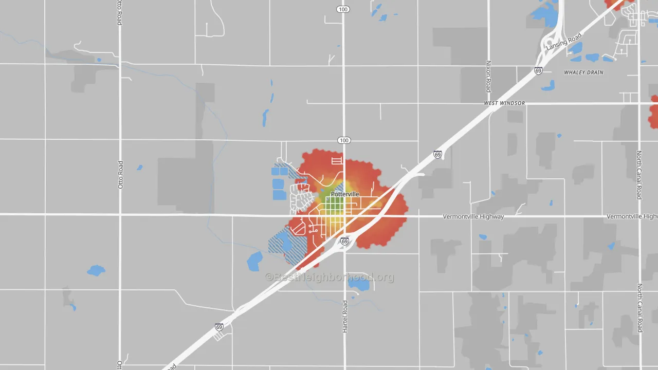 Walk Grade map of Potterville, MI, walkable areas in green and car-dependent areas in red