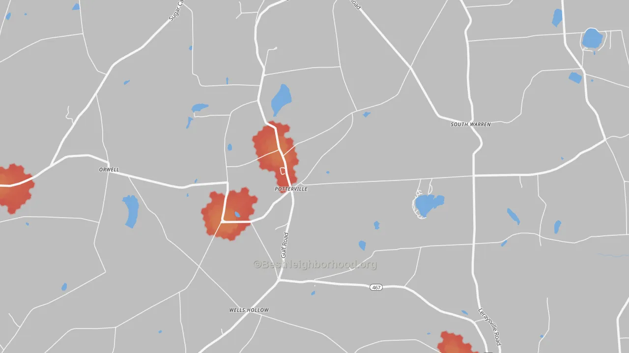 Walk Grade map of Potterville, PA, walkable areas in green and car-dependent areas in red