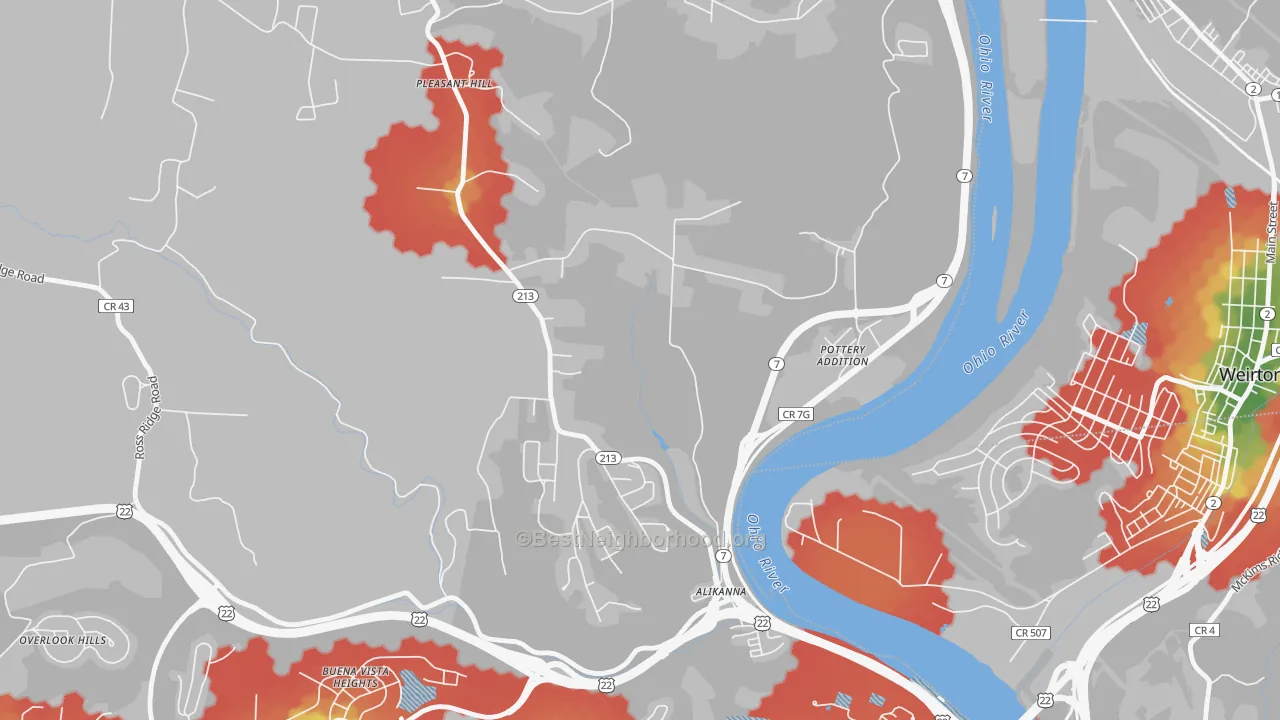 Walk Grade map of Pottery Addition, OH, walkable areas in green and car-dependent areas in red