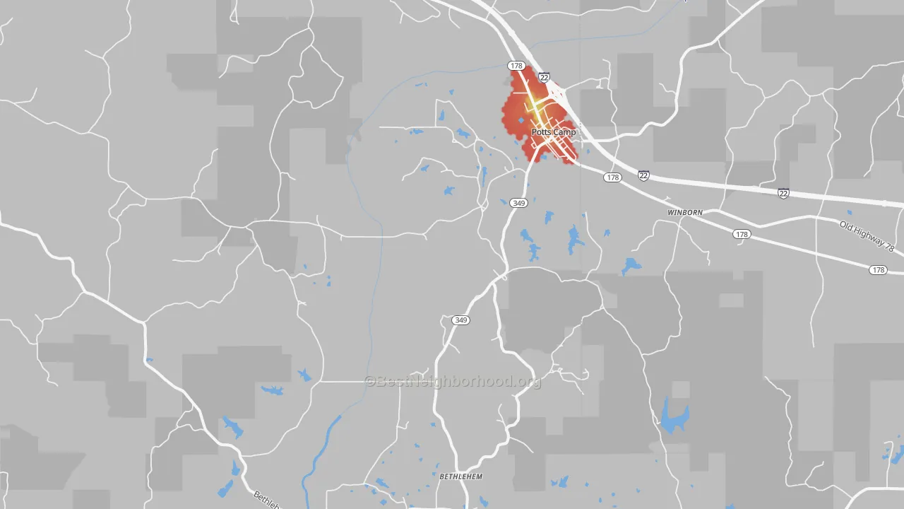 Walk Grade map of Potts Camp, MS, walkable areas in green and car-dependent areas in red