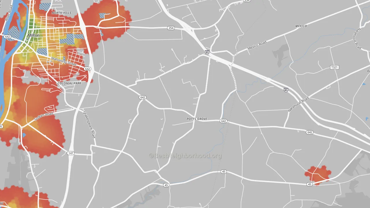 Walk Grade map of Potts Grove, PA, walkable areas in green and car-dependent areas in red