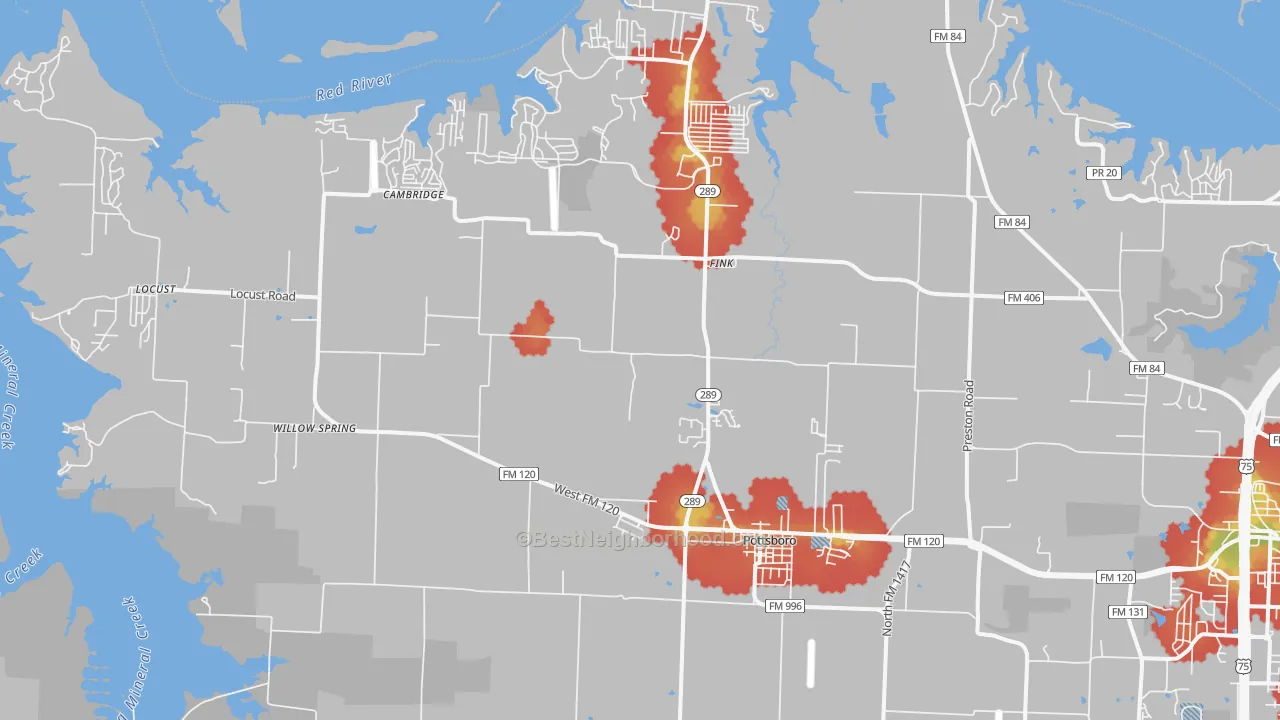 Walk Grade map of Pottsboro, TX, walkable areas in green and car-dependent areas in red