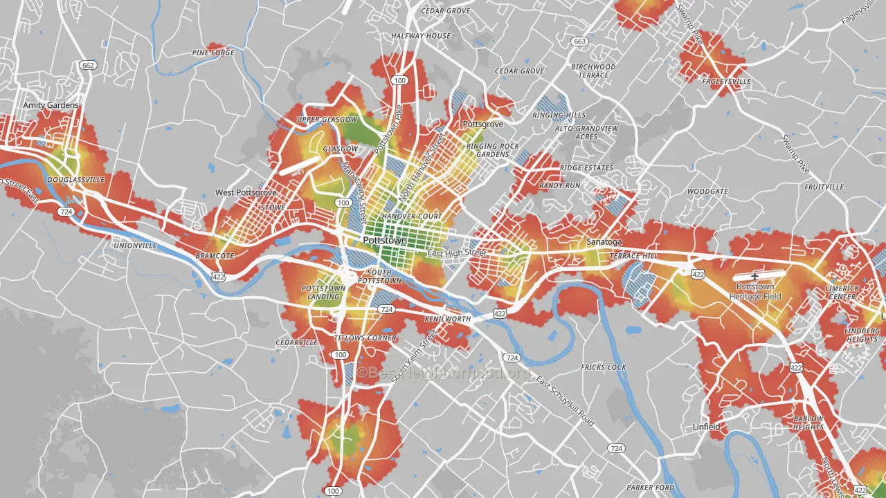 Walk Grade map of Pottstown, PA, walkable areas in green and car-dependent areas in red